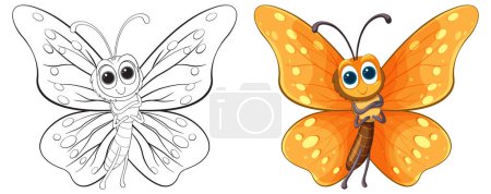 Téléchargez les illustrations : Deux étapes de papillon, line art et coloré - en licence libre de droit