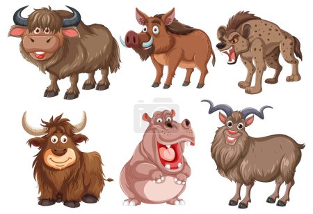 Téléchargez les illustrations : Six animaux de ferme animés dans diverses poses ludiques - en licence libre de droit
