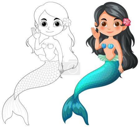Téléchargez les illustrations : Illustration of two mermaids, colored and line art - en licence libre de droit