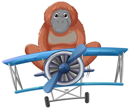 Téléchargez les illustrations : Caricature orang utan volant un petit biplan bleu - en licence libre de droit