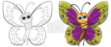 Téléchargez les illustrations : Deux étapes de papillon, croquis et coloré - en licence libre de droit