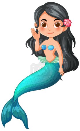 Illustration for Cheerful mermaid with flower in hair, waving - Royalty Free Image