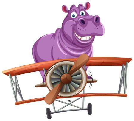 Ilustración de Hipopótamo de dibujos animados en una bufanda volando un viejo avión - Imagen libre de derechos