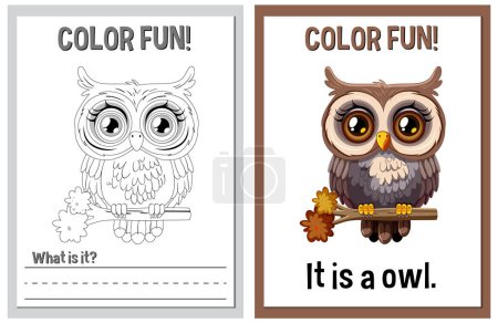 Educational coloring book pages with cute owl