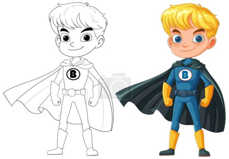 Ilustración de Versiones coloridas y esbozadas de un niño superhéroe - Imagen libre de derechos