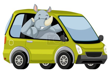 Cartoon rhino cheerfully driving a small car