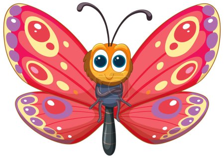 Téléchargez les illustrations : Papillon de dessin animé joyeux avec des ailes vibrantes - en licence libre de droit
