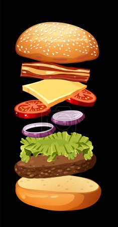 Ilustración de Ingredientes de hamburguesa en capas sobre fondo negro - Imagen libre de derechos