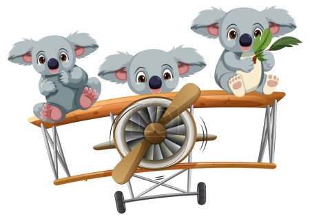 Three cute koalas enjoying a ride on an airplane