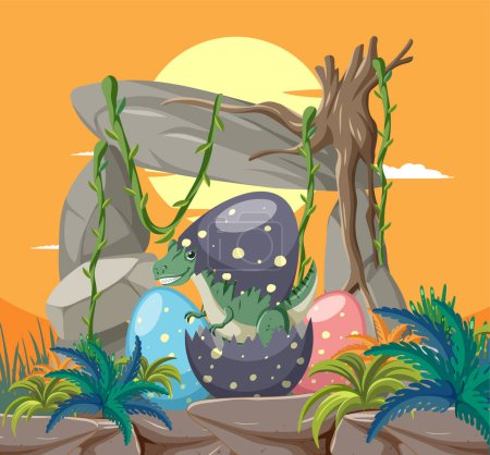 Ilustración de Bebé dinosaurio emergiendo de huevos coloridos - Imagen libre de derechos