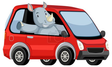 Cartoon rhino happily driving a small red car