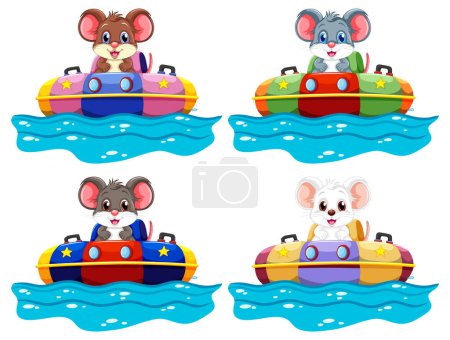 Four cartoon mice enjoying a boat ride