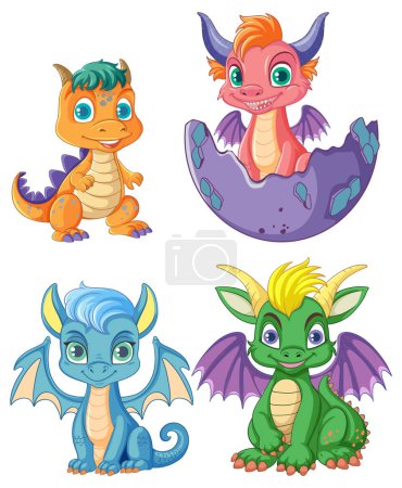 Four cute baby dragons in various playful poses