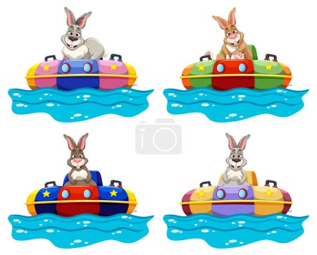 Four rabbits enjoying a ride in bumper boats