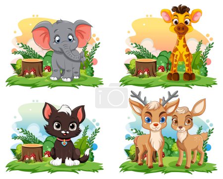 Téléchargez les illustrations : Adorable animals in a vibrant forest setting - en licence libre de droit