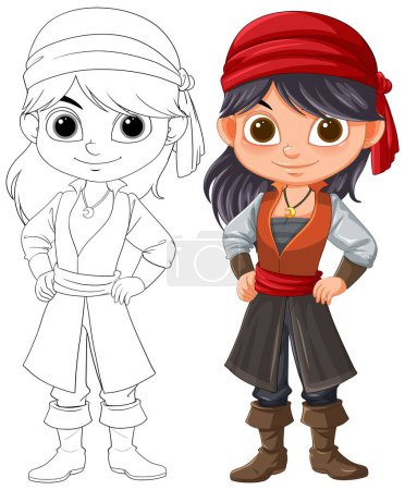Ilustración de Colorful and outlined versions of a pirate kid - Imagen libre de derechos