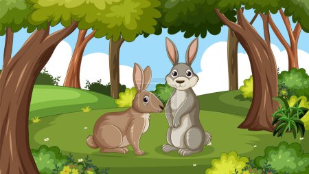 Téléchargez les illustrations : Deux lapins dans une forêt luxuriante - en licence libre de droit