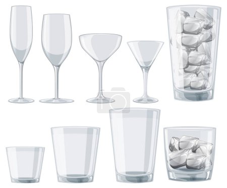 Collection of different styled glassware with ice cubes