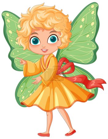 Adorable fairy in yellow dress with green wings