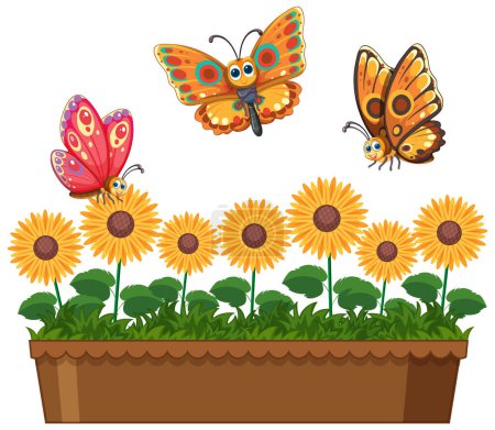 Illustration for Three vibrant butterflies fluttering over sunflowers - Royalty Free Image
