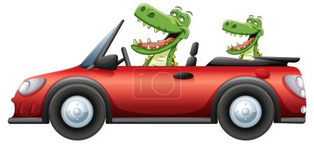 Dos cocodrilos felices cabalgando en un convertible rojo