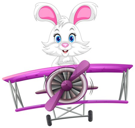 Illustration for Cartoon rabbit flying a vibrant purple aircraft - Royalty Free Image