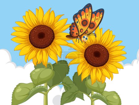 Colorful butterfly perched on vibrant sunflowers