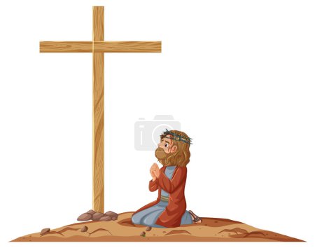 Téléchargez les illustrations : Illustration vectorielle de l'homme priant par une croix - en licence libre de droit