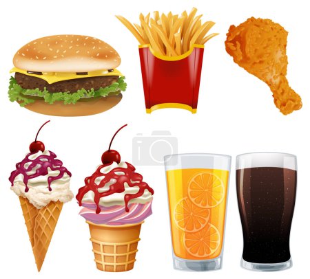 Burger, fries, ice cream, drinks, and chicken leg