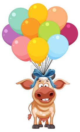 Illustration for Cartoon pig tied to vibrant multicolored balloons - Royalty Free Image
