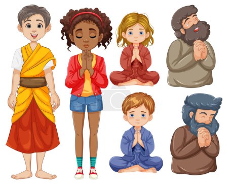 Illustration von sechs Personen in verschiedenen Meditationsposen