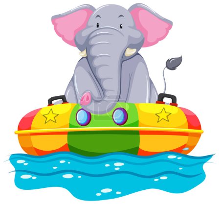 Ilustración de Elefante de dibujos animados en un barco inflable colorido - Imagen libre de derechos