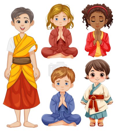 Niños diversos meditando en trajes culturales