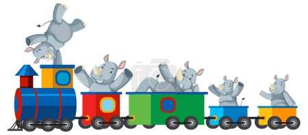 Téléchargez les illustrations : Éléphants de bande dessinée chevauchant un train jouet coloré - en licence libre de droit