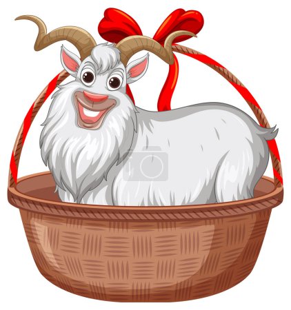 Cheerful goat sitting in a woven basket