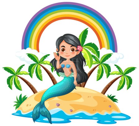 Téléchargez les illustrations : Cheerful mermaid sitting on sandy island under rainbow - en licence libre de droit