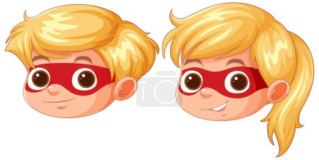 Two cartoon children wearing red superhero masks