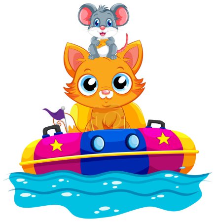 Ilustración colorida de gato y ratón en un barco