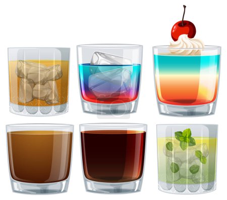 Verschiedene Cocktails in Gläsern mit verschiedenen Garnierungen