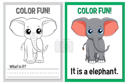 Ilustración de Tarjetas educativas para colorear con un elefante lindo - Imagen libre de derechos