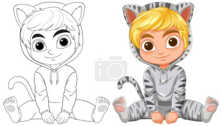 Colorful and sketch versions of child in costume