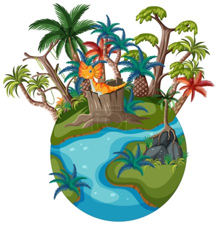Ilustración de Un dinosaurio en una exuberante selva tropical - Imagen libre de derechos