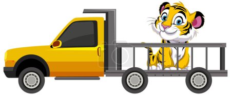 Téléchargez les illustrations : Tigre de bande dessinée transporté dans un camion jaune - en licence libre de droit