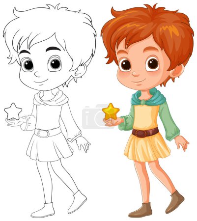 Ilustración de Dos niños de dibujos animados, uno sosteniendo una estrella, sonriendo - Imagen libre de derechos