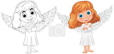 Ilustración de Versiones coloridas y esbozadas de un niño ángel de dibujos animados - Imagen libre de derechos