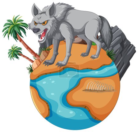 Ilustración de Un lobo de pie en una pequeña isla - Imagen libre de derechos