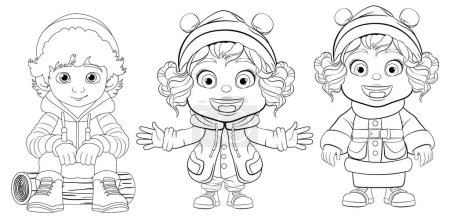 Ilustración de Tres niños con ropa de invierno, sonriendo - Imagen libre de derechos