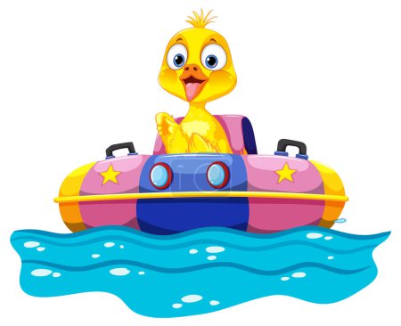 Illustration for Cartoon duckling in a vibrant bumper boat - Royalty Free Image