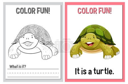 Téléchargez les illustrations : Coloriage et activité d'apprentissage avec tortue joyeuse - en licence libre de droit