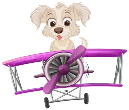 Ilustración de Lindo perro en un avión púrpura estilo de dibujos animados - Imagen libre de derechos